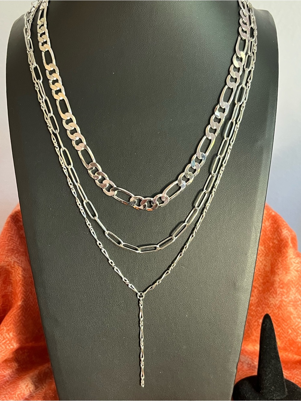 Silver Multi-Layer Paperclip, Figaro & Lariat Chain Necklaces 16-20”
